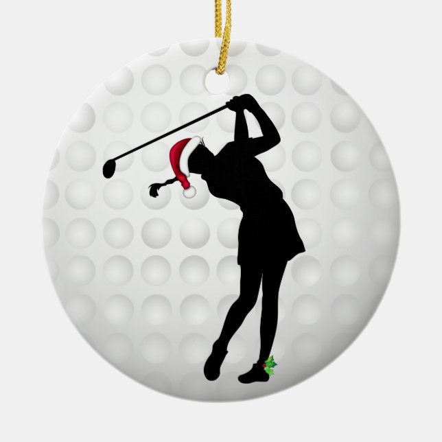 Personalised Happy Hollydays Woman Golfer Ceramic Ornament (Front)
