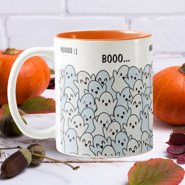 Personalised Happy Hungry Ghosts Pattern Halloween Two-Tone Coffee Mug (Celebrate Halloween with our little booos.)