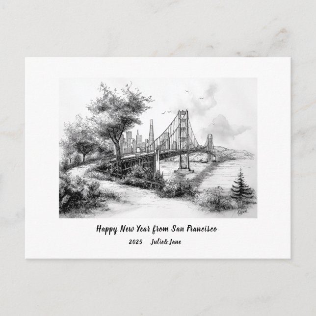 Personalised Happy New Year 2025 SF Golden Gate Holiday Postcard (Front)