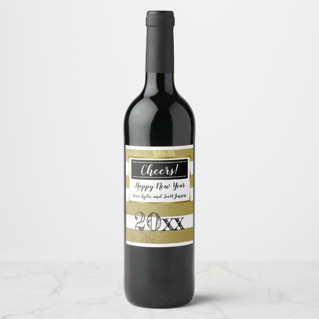 Personalised Happy New Year Gold  and Black Cheers Wine Label (Front)