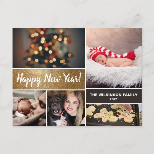 Personalised Happy New Year Gold Photo Collage Holiday Postcard (Front)