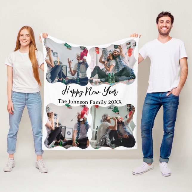 Personalised Happy New Year Script 4 collage photo Fleece Blanket (In Situ)