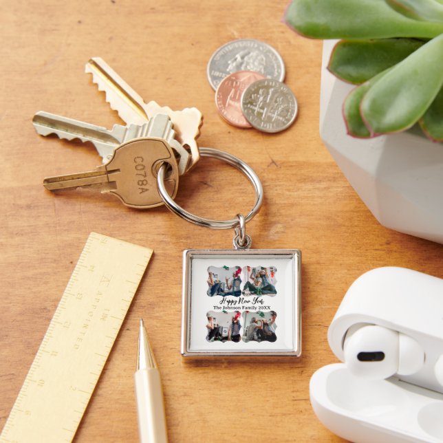 Personalised Happy New Year Script 4 collage photo Key Ring (Desk)