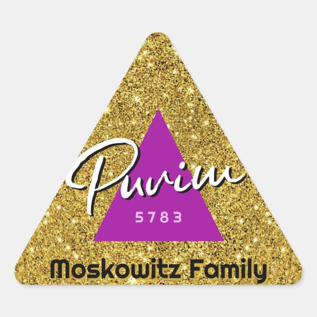  Personalised Happy Purim Faux Glitter Hamentash   Triangle Sticker (Front)