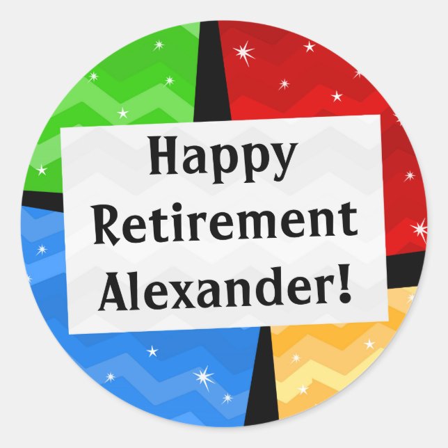 Personalised Happy Retirement, Colour Squares Part Classic Round Sticker (Front)