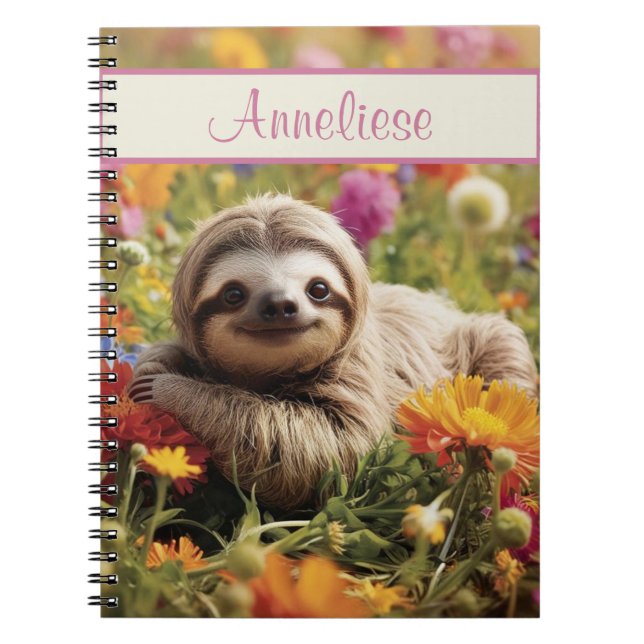 Personalised Happy Sloth in Flowers Notebook (Front)