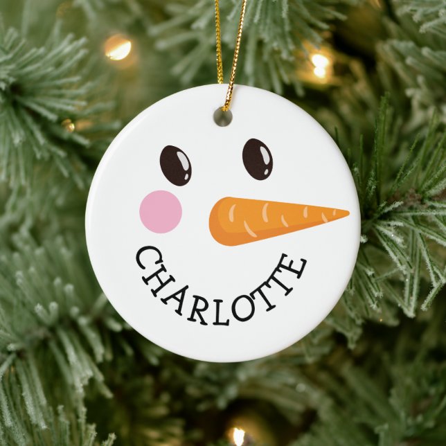 Personalised Happy Snowman Face Monogram Christmas Ceramic Ornament (Tree)
