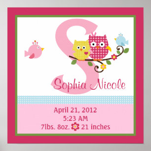 Personalised Happy Tree/Owls Birth Info Poster