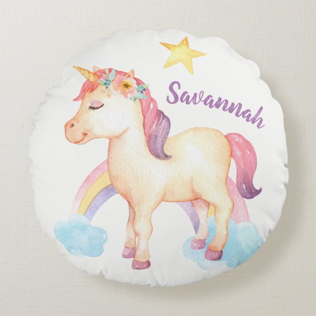 Personalised Happy Unicorn Pillow with Flowers (Front)