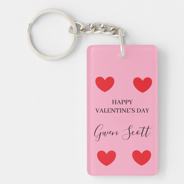 Personalised Happy Valentine's red heart pink Key Ring (Front)