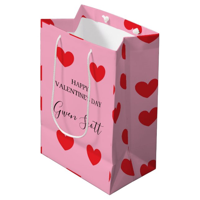 Personalised Happy Valentine's red heart pink Medium Gift Bag (Front Angled)
