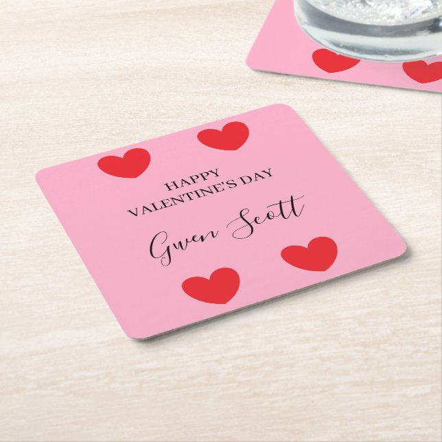 Personalised Happy Valentine's red heart pink Square Paper Coaster (Angled)