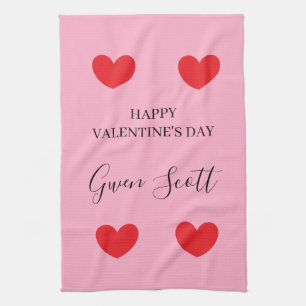 Personalised Happy Valentine's red heart pink Tea Towel