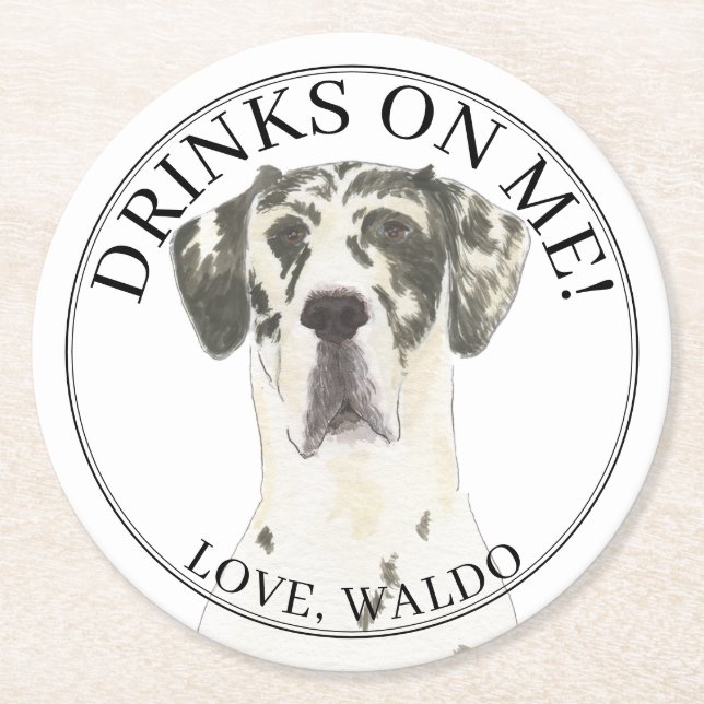 Personalised Harlequin Great Dane Wedding  Round Paper Coaster (Front)