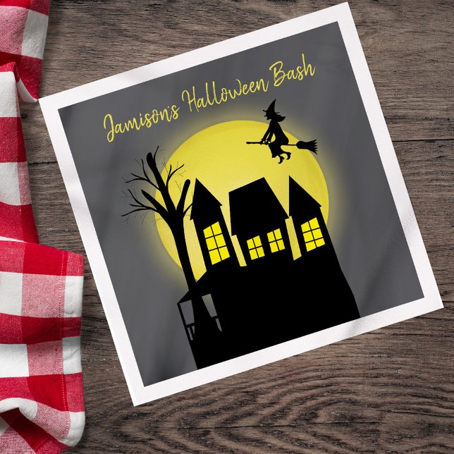 Personalised Haunted House Halloween Bash Cocktail Napkin (Personalized Halloween bash napkin with haunted house and witch.)