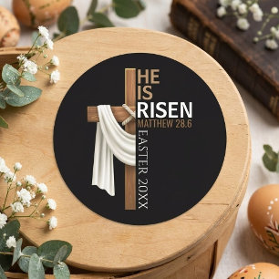 Personalised He Is Risen Vintage Easter Cross Classic Round Sticker