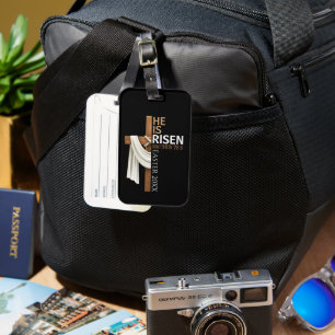 Personalised He Is Risen Vintage Easter Cross Luggage Tag