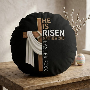 Personalised He Is Risen Vintage Easter Cross Round Cushion