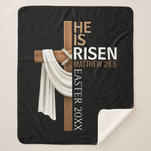 Personalised He Is Risen Vintage Easter Cross Sherpa Blanket