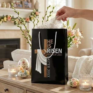 Personalised He Is Risen Vintage Easter Cross Small Gift Bag