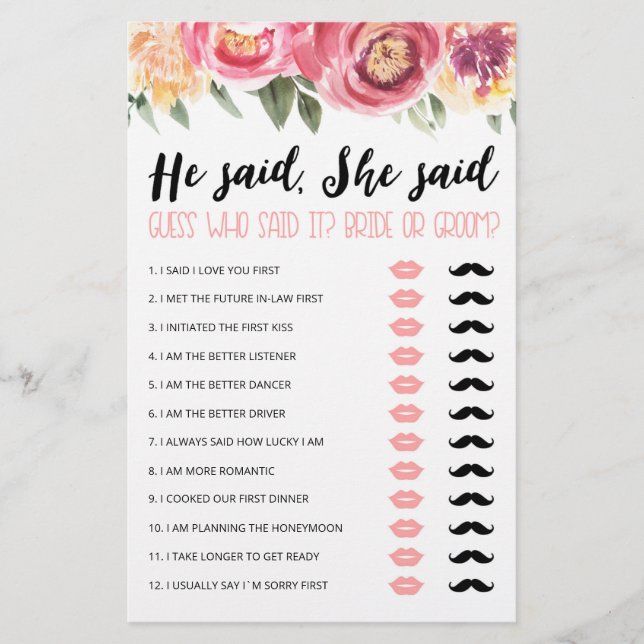Personalised He said, She said Bridal Shower game (Front)