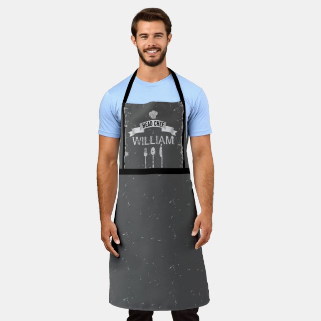 Personalised Head Chef dark grey cool mens kitchen Apron (Worn)
