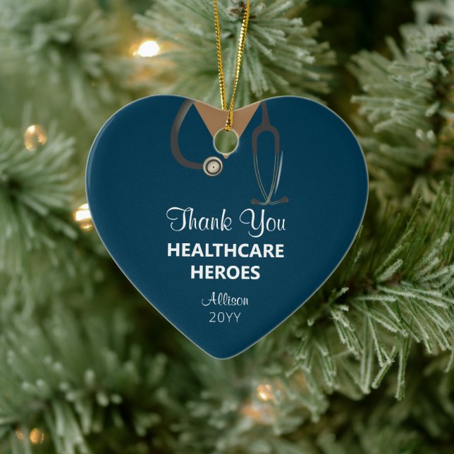 Personalised Healthcare Worker Thank You Blue Name Ceramic Ornament (Tree)