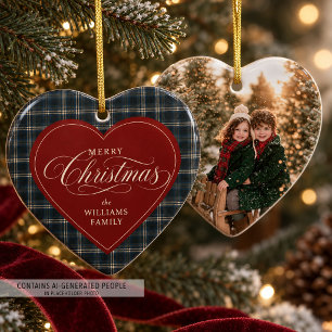 Personalised Heart Christmas Photo Navy Plaid Ceramic Ornament