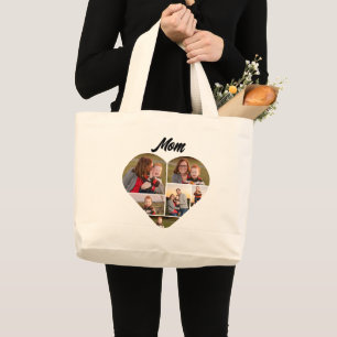 Personalised Heart Family Photo Collage for Mum Large Tote Bag