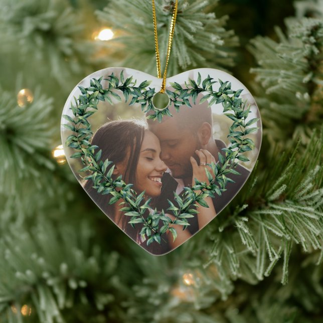 Personalised Heart First Married Christmas Photo Ceramic Ornament (Tree)
