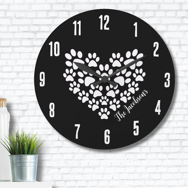 Personalised Heart Paw Prints Large Clock (Personalized Cute Black White Paw Print Heart Large Clock)