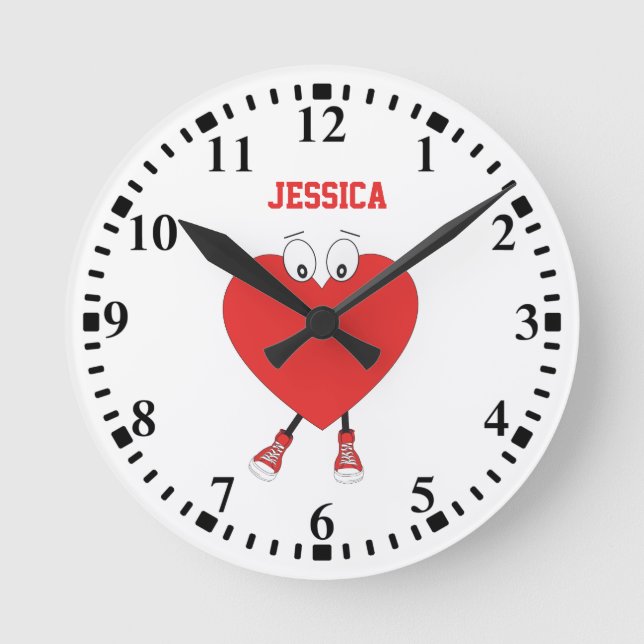 Personalised Heart Shape Red Cute Love Design Round Clock (Front)