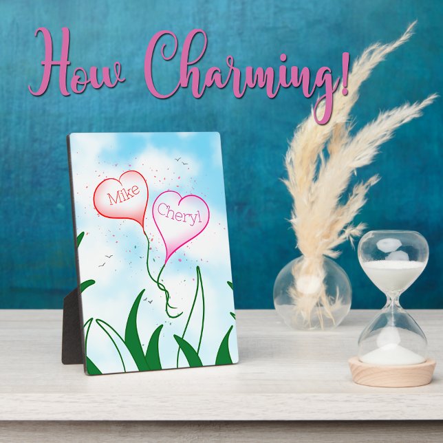 Personalised Hearts Custom Couple Home Decor    Plaque (Personalized romantic couples tabletop plaque with heart balloons for custom names in a dreamy sky.)