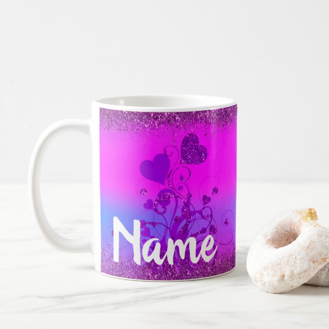 Personalised Hearts Glitter Design Coffee Mug (With Donut)