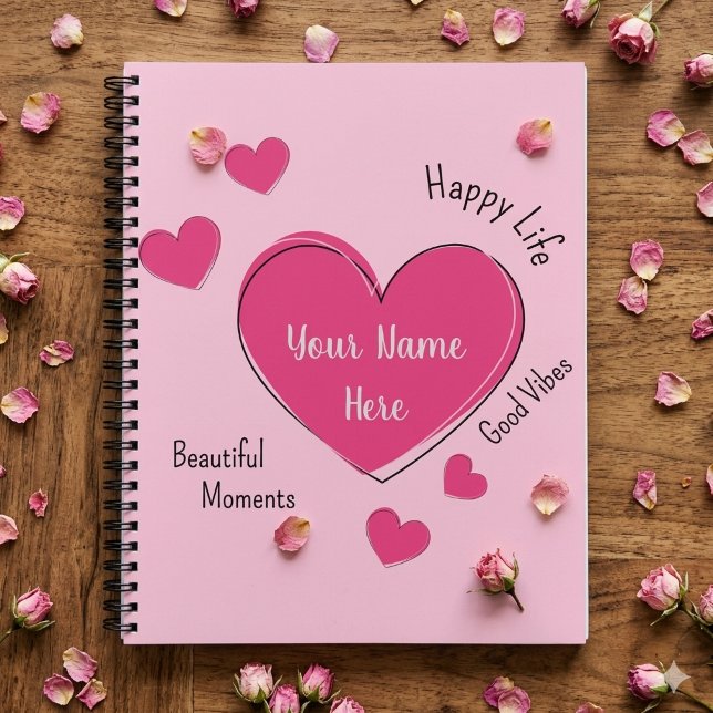 Personalised Hearts Spiral Notebook Sketchbook (Pink spiral notebook with pink hearts and customizable texts.)