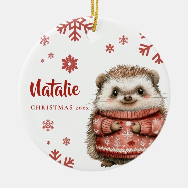 Personalised Hedgehog Christmas Snowflake Ceramic Ornament (Front)