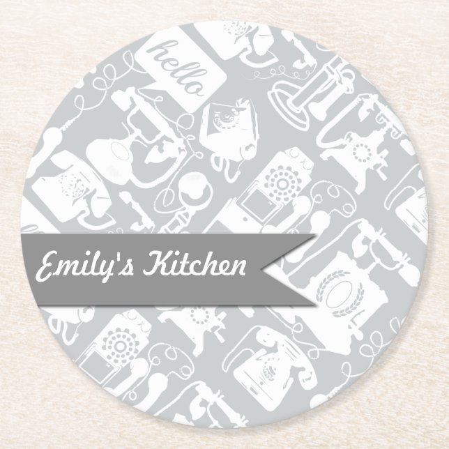 Personalised Hello Grey Retro Telephone Round Paper Coaster (Front)