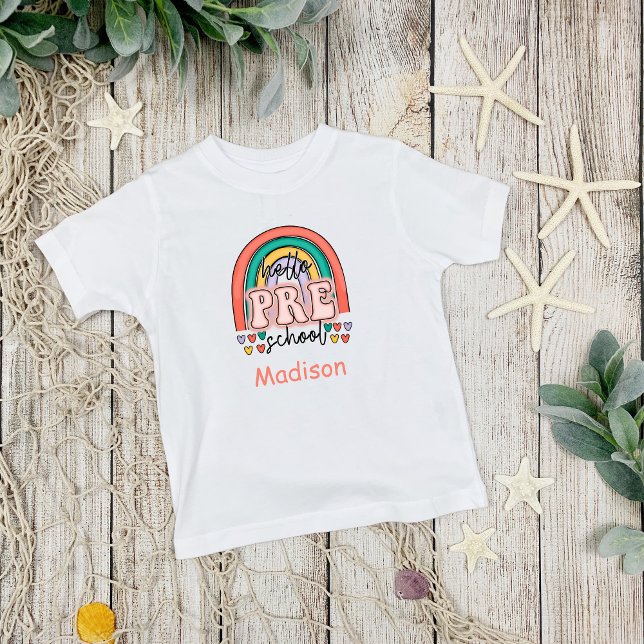 Personalised Hello Pre-School Rainbow Hearts Toddler T-Shirt (Hello Pre-school Personalized T-shirt for her)