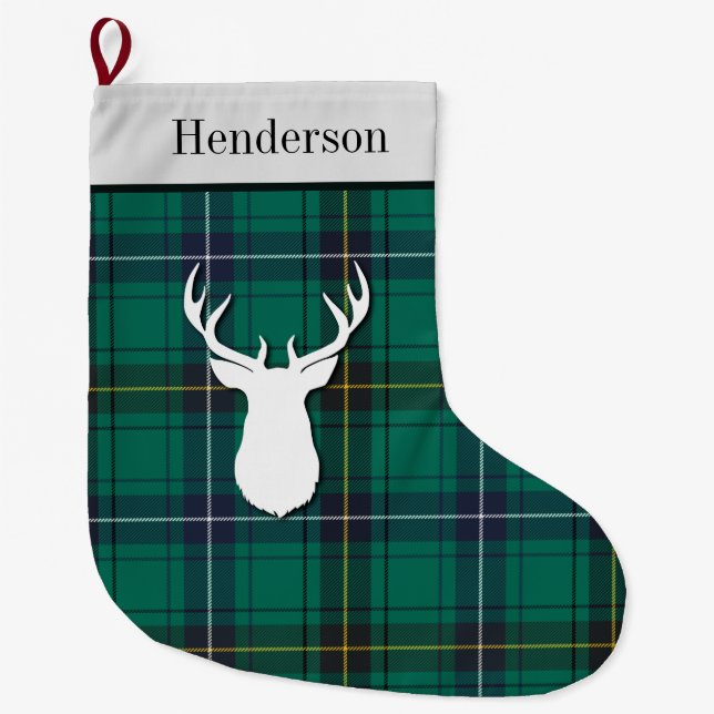 Personalised Henderson Tartan Green Check Plaid Large Christmas Stocking (Front)