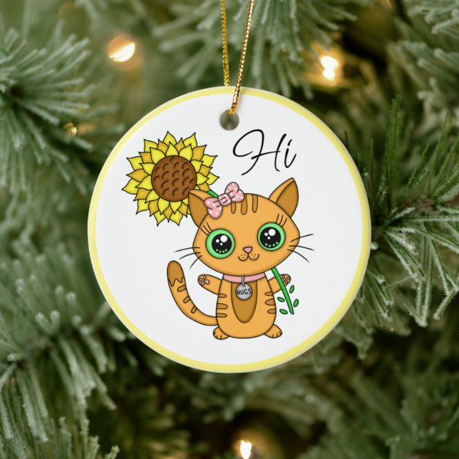 Personalised Hi and Hugs | Cute Cat with Sunflower Ceramic Ornament (Tree)