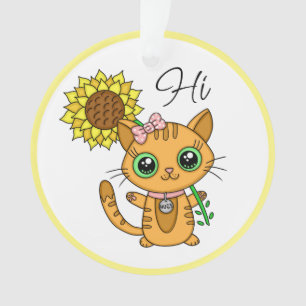 Personalised Hi and Hugs   Cute Cat with Sunflower Ornament