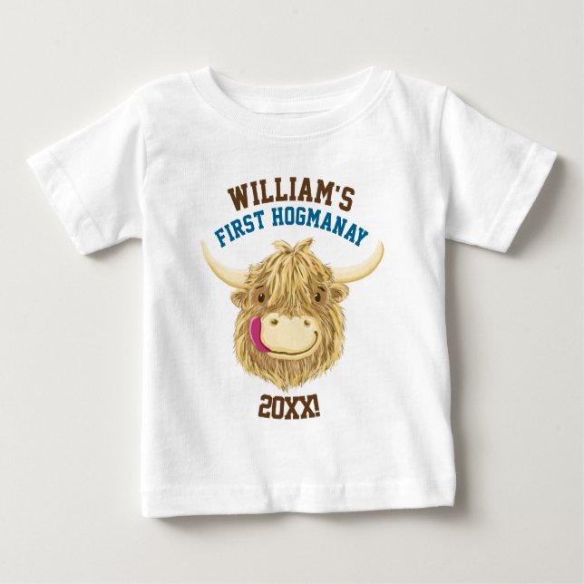 Personalised Highland Cow First Hogmanay Baby T-Shirt (Front)