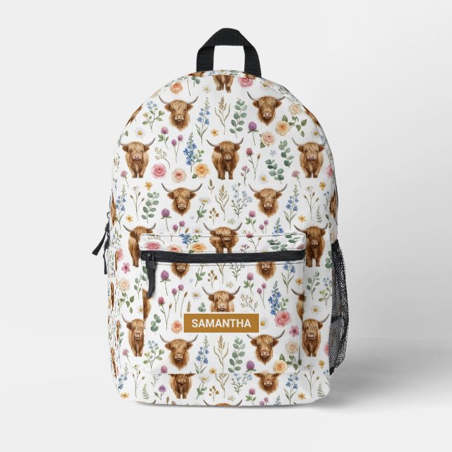 Personalised Highland Cow Floral Printed Backpack (Front)
