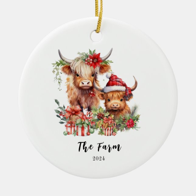 Personalised Highland Cow Heifer Farm Santa Hat Ceramic Ornament (Front)
