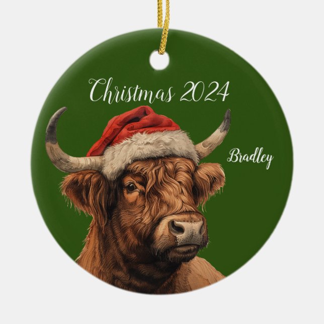Personalised  Highland Cow with Santa Cap Ceramic Ornament (Front)