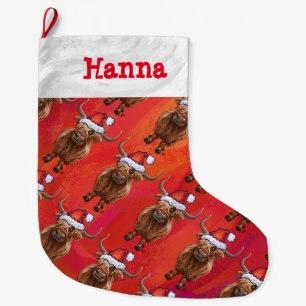 Personalised Highland  in Santa Hat Pattern on Red Large Christmas Stocking