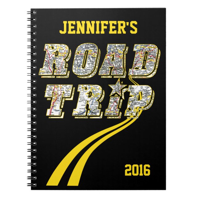 Personalised Highway Map Yellow Lines Road Trip Notebook (Front)