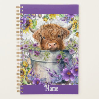Personalised Hiland Cow with Purple Flowers Planner