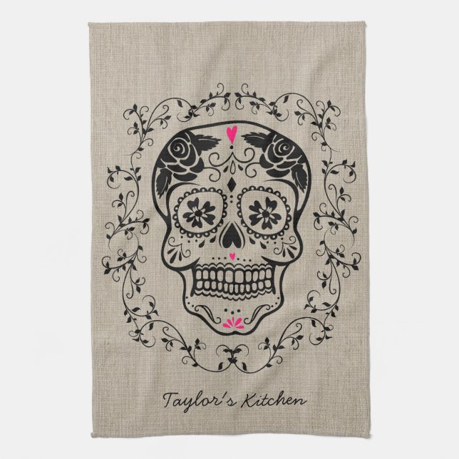 Personalised Hipster Sugar Skull Tea Towel (Vertical)