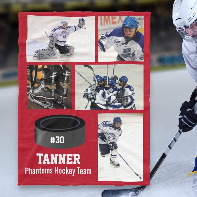Personalised Hockey 5 Photo Collage Name Team # Fl Fleece Blanket (Creator Uploaded)